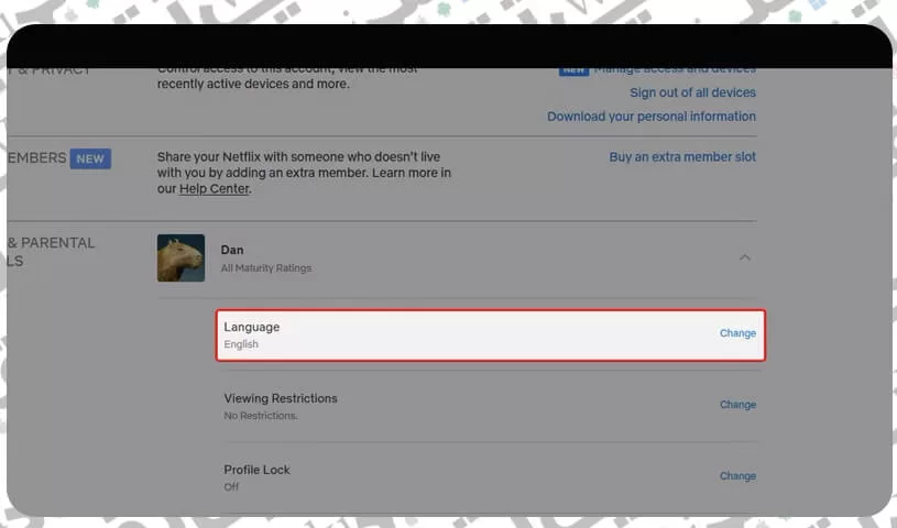 قسم ملف تعريف صفحة الحساب في netflix